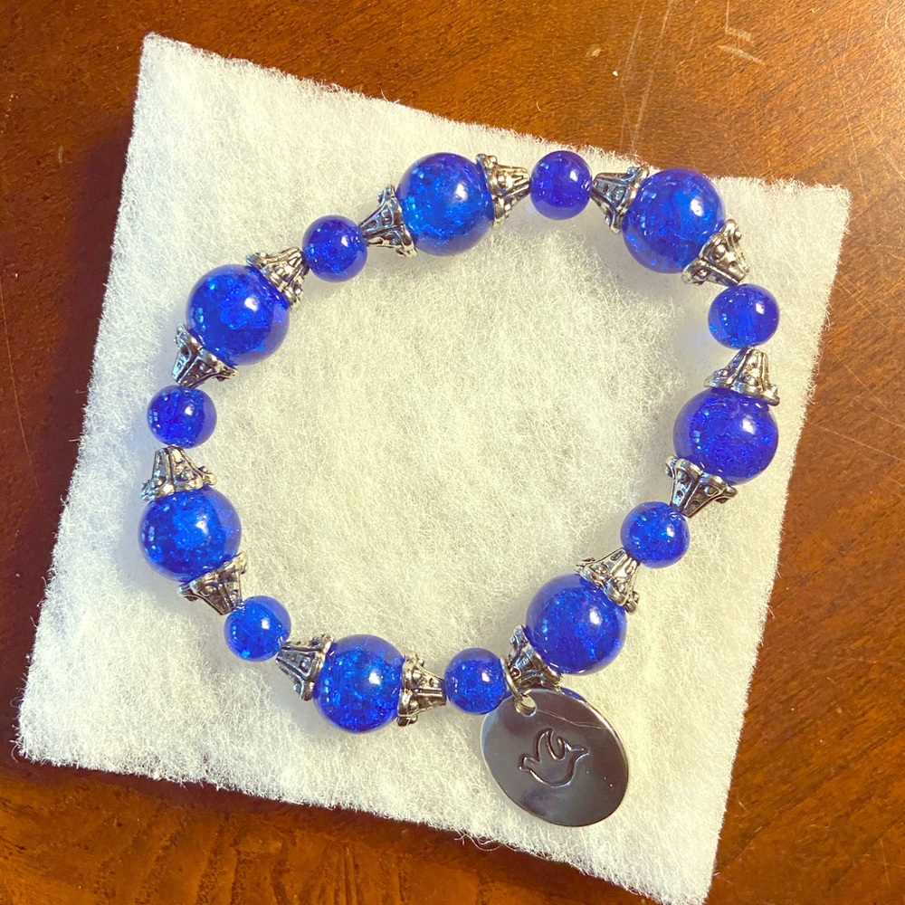Handmade Blue Beaded Bracelet with Dove charm